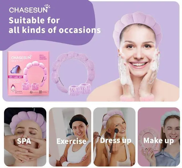Alt view image 6 of 7 - SPA Headband Skincare Hair Band Head band Bubble Headband Set for Washing Face Makeup Skincare SPA Hairband with Wristbands Purple