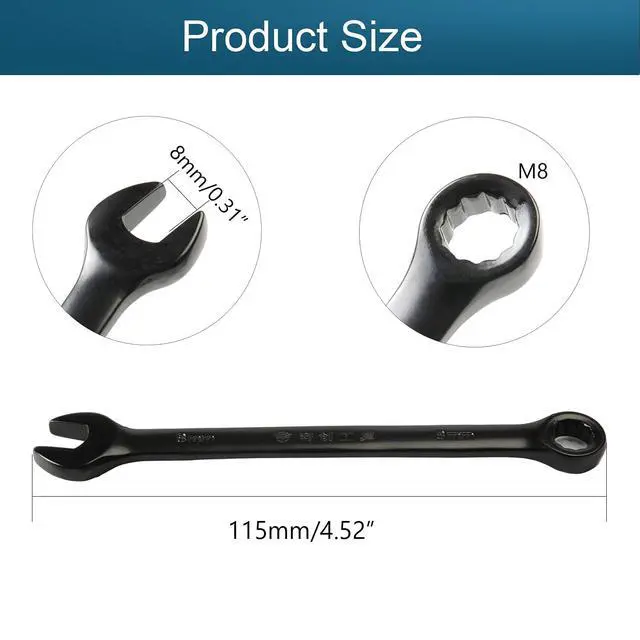 Alt view image 2 of 7 - 8mm Opening Combination Wrench, 12 Point Ratcheting Wrench, Cr-V Material with Black Electrophoresis Coating, 115mm Length for Repair Industrial Usage
