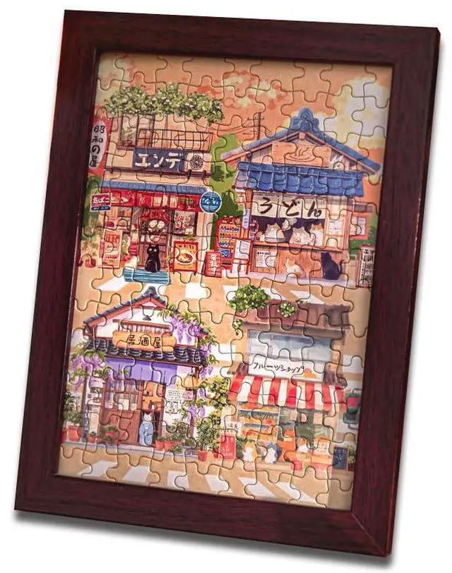 Main image of 4.9 x 6.9 Inch Small Picture Frame with 108 Pieces Mini Jigsaw Puzzles for Adults, Cute Sunset Cat's Shop Jigsaw Puzzle Frame,Tabletop Display Wooden Photo Frame for Home Décor