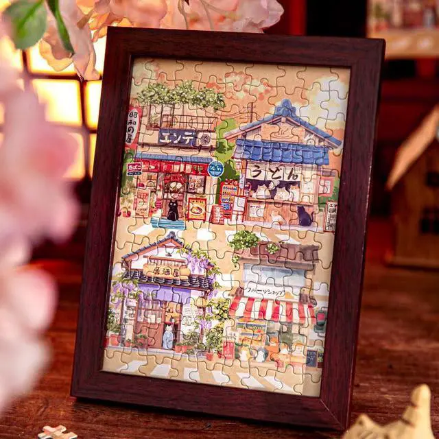 Alt view image 5 of 6 - 4.9 x 6.9 Inch Small Picture Frame with 108 Pieces Mini Jigsaw Puzzles for Adults, Cute Sunset Cat's Shop Jigsaw Puzzle Frame,Tabletop Display Wooden Photo Frame for Home Décor