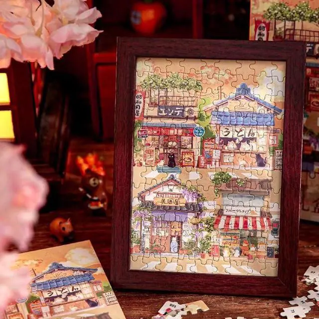 Alt view image 6 of 6 - 4.9 x 6.9 Inch Small Picture Frame with 108 Pieces Mini Jigsaw Puzzles for Adults, Cute Sunset Cat's Shop Jigsaw Puzzle Frame,Tabletop Display Wooden Photo Frame for Home Décor