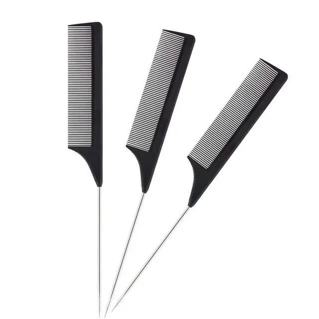 Alt view image 3 of 7 - 1 Pack Professional Carbon Steel Tail Combs Heat Resistant with Metal Pick, Anti Static Black Styling Tail Hair Comb Fine Teeth, Metal Pintail Teasing Comb Brush
