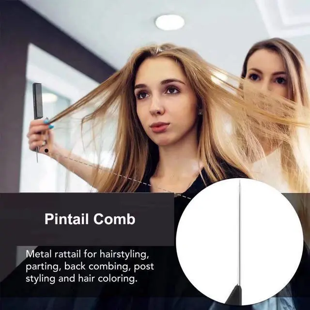 Alt view image 5 of 7 - 1 Pack Professional Carbon Steel Tail Combs Heat Resistant with Metal Pick, Anti Static Black Styling Tail Hair Comb Fine Teeth, Metal Pintail Teasing Comb Brush