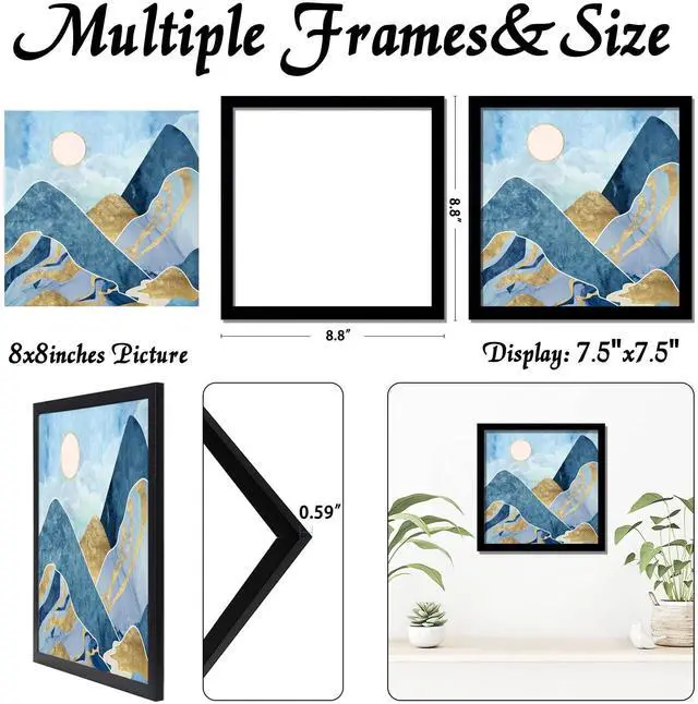 Alt view image 3 of 6 - Black 8x8 Picture Frame, Lightweight Sturdy Gallery Wall Decor | Ideal for Photo Poster Canvas Certificate, Horizontal & Vertical Hanging, High-Clarity Clear Panel, Size 8 x 8 inches