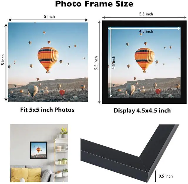 Alt view image 3 of 7 - 5x5 Picture Frame Black for Wall Hanging or Tabletop, Wall Mounting Horizontally or Vertically, 5 x 5 Square Wall Gallery Poster Photo Frame with Shatter Resistant Plexiglass, Black