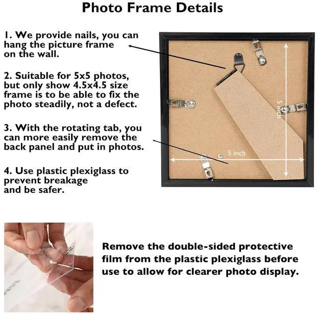 Alt view image 4 of 7 - 5x5 Picture Frame Black for Wall Hanging or Tabletop, Wall Mounting Horizontally or Vertically, 5 x 5 Square Wall Gallery Poster Photo Frame with Shatter Resistant Plexiglass, Black