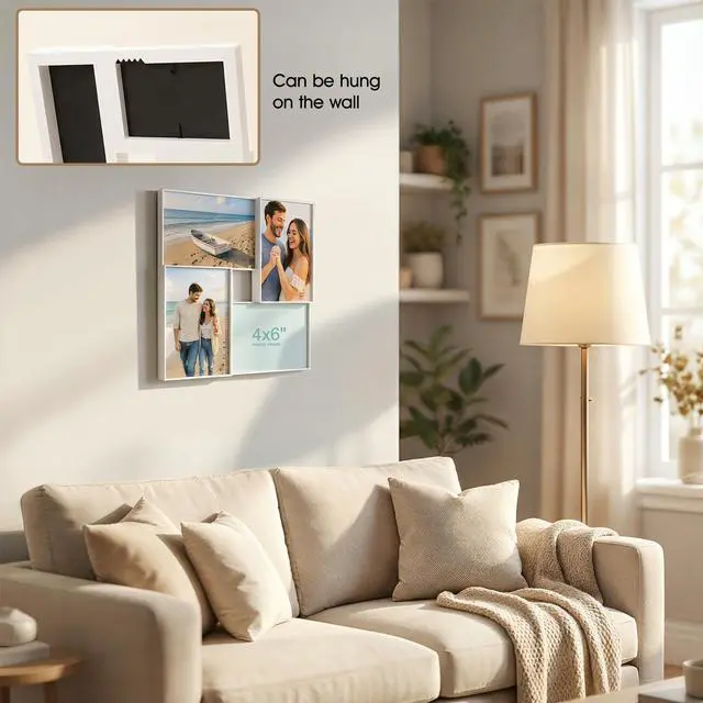 Alt view image 5 of 6 - 4x6 Collage Picture Frames, Multiple Photo Frame Collage for 4 Pcs 4 x 6 Photos, Wall Hanging or Tabletop, Lightweight Frame for Wall Decor, White 1 Pack
