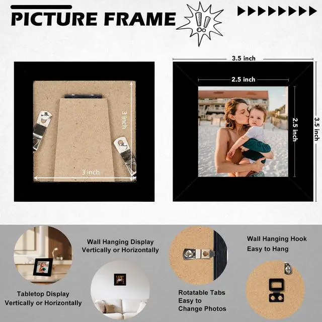 Alt view image 2 of 7 - 3x3 Picture Frame Black for Tabletop or Wall Hanging, Strudy and Lightweight 3 x 3 Frame, Wall Gallery Photo Frame with Shatter Resistant Plexiglass, Black