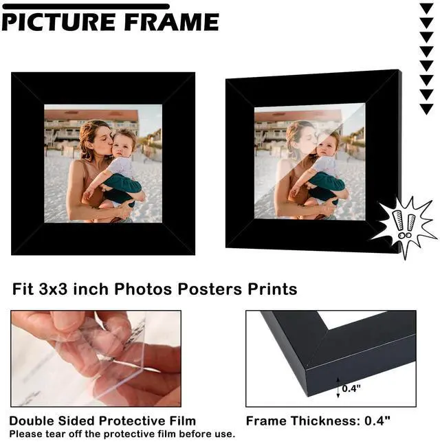 Alt view image 3 of 7 - 3x3 Picture Frame Black for Tabletop or Wall Hanging, Strudy and Lightweight 3 x 3 Frame, Wall Gallery Photo Frame with Shatter Resistant Plexiglass, Black