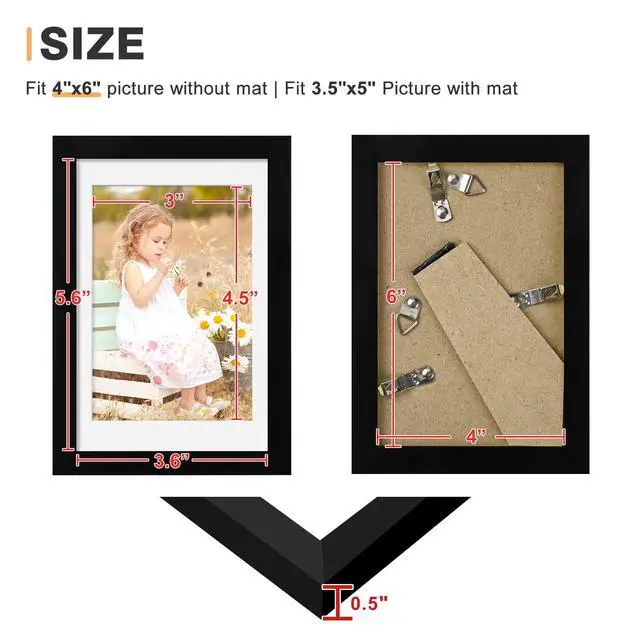 Alt view image 2 of 7 - 4x6 Picture Frames Black, Picture Frame for 3.5x5 Pictures with Mat or 4x6 without Mat, Wall or Tabletop Display Photo Frame, 1 Pack