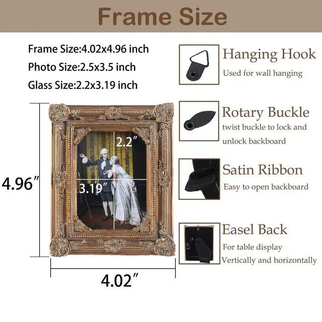 Alt view image 4 of 7 - Vintage Picture Frames 2.5x3.5 Bronze Antique Ornate Picture Frames for Tabletop and Wall Mount with Glass Front Victorian Home Decor Retro Photo Gallery Wall Decor