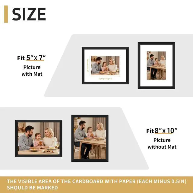 Alt view image 3 of 7 - 8x10 Black Picture Frame 1 Pack, Fits 5x7 Mat, Wall & Tabletop | Dual-size black wall frame works for 5x7 matted photos or 8x10 artwork, sturdy and easy to install for wall display use