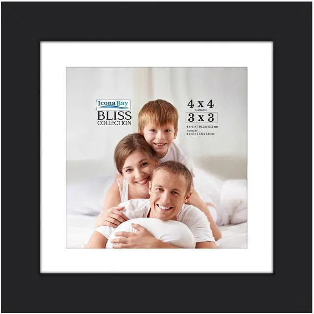 Main image of 4x4 Mat to 3x3 Black Picture Frame - Engineered Wood, Collection | photo frame with removable mat, shatterproof polystyrene cover sheet, modern style, tabletop or wall mount display