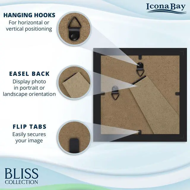Alt view image 4 of 7 - 4x4 Mat to 3x3 Black Picture Frame - Engineered Wood, Collection | photo frame with removable mat, shatterproof polystyrene cover sheet, modern style, tabletop or wall mount display