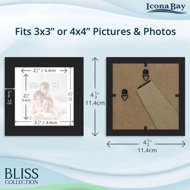Alt view image 3 of 7 - 4x4 Mat to 3x3 Black Picture Frame - Engineered Wood, Collection | photo frame with removable mat, shatterproof polystyrene cover sheet, modern style, tabletop or wall mount display
