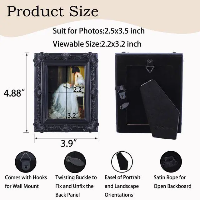Alt view image 4 of 7 - Small Vintage Picture Frames 2.5x3.5 Ornate Black Antique Picture Frames with Glass Front for Wall Mount and Tabletop Victorian Gallery Wall Decor Vintage Home Decor,in Black