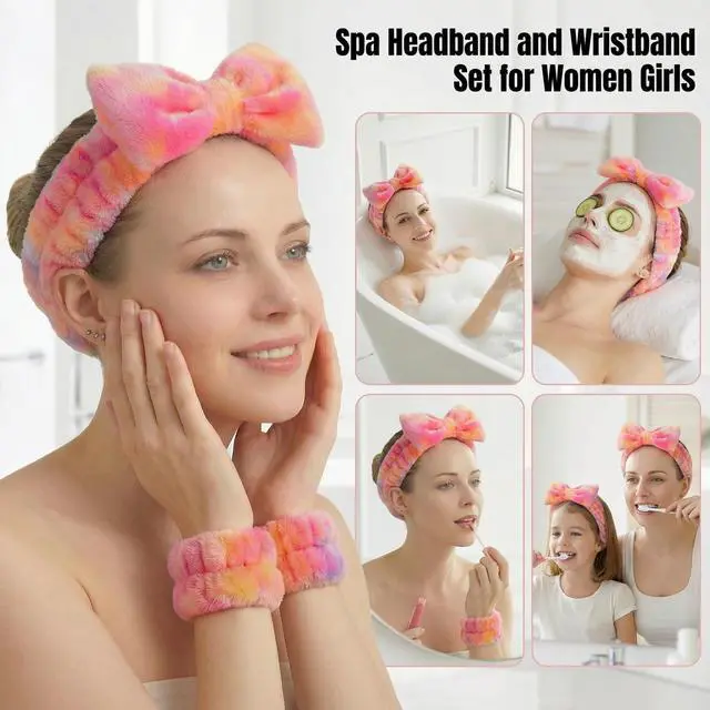 Alt view image 2 of 7 - 8 Pcs Spa Headband and Wristbands Set for Washing Face, Soft Face Wash Headbands Wrist Bands for Women with Scrunchies, Absorbent Wrist Towels, Makeup Hairband for Skincare, Yoga, and Teen Girls Gifts