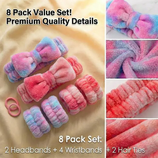 Alt view image 7 of 7 - 8 Pcs Spa Headband and Wristbands Set for Washing Face, Soft Face Wash Headbands Wrist Bands for Women with Scrunchies, Absorbent Wrist Towels, Makeup Hairband for Skincare, Yoga, and Teen Girls Gifts