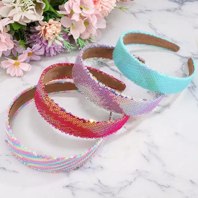 Alt view image 3 of 7 - Sequin Headbands for Girls, 4PCS Sparkly Girls Headbands Glitter Rainbow Pink Purple Blue Toddler Headband Cute Sparkle Hairbands Iridescent Girl Hair Accessories for Back to School or Daily Outfits