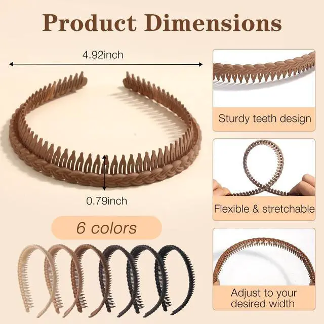 Alt view image 2 of 7 - 6Pcs Headbands with Teeth for Women Non Slip, Plastic Comb Hairbands with Teeth, Zig Zag Headbands, Fashion Head Bands for Women's Hair Accessories to Hold Hair Back, Workout, Daily Wearing