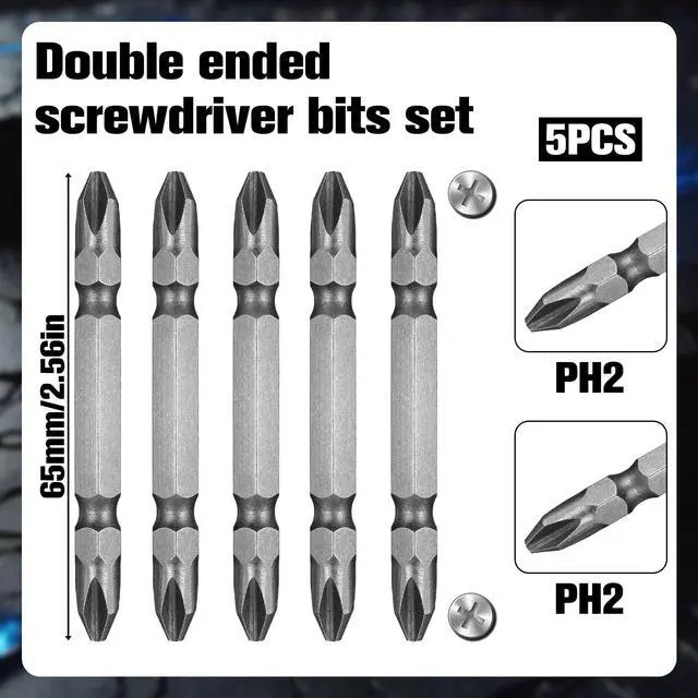 Alt view image 2 of 7 - 5 Pcs Magnetic Screwdriver Bit Set, Double End PH2 Phillips Head Screwdriver Bits, S2 Alloy Steel 65mm Hex Shank Impact Driver Bits for Power Drill