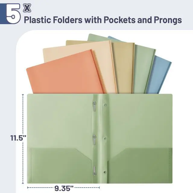 Alt view image 2 of 7 - Plastic Folders with Pockets and Prongs, 5 Pack, Letter Size | 2-Pocket Poly Folders with 3 Hole Punch, Metal Prongs & Business Card Slot, Flexible Plastic Folders for School and Office