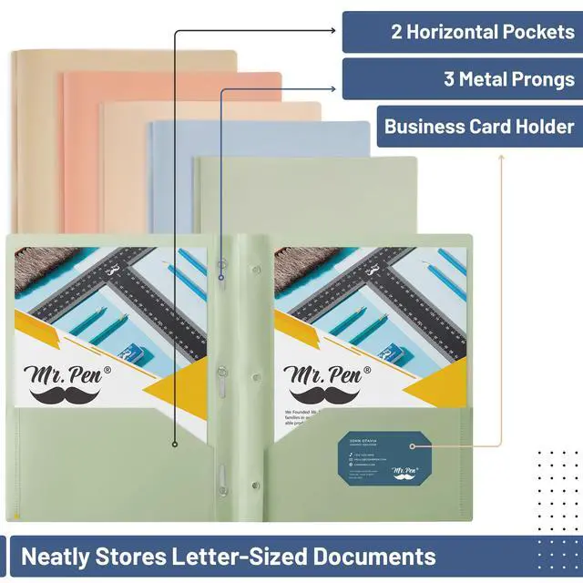 Alt view image 3 of 7 - Plastic Folders with Pockets and Prongs, 5 Pack, Letter Size | 2-Pocket Poly Folders with 3 Hole Punch, Metal Prongs & Business Card Slot, Flexible Plastic Folders for School and Office