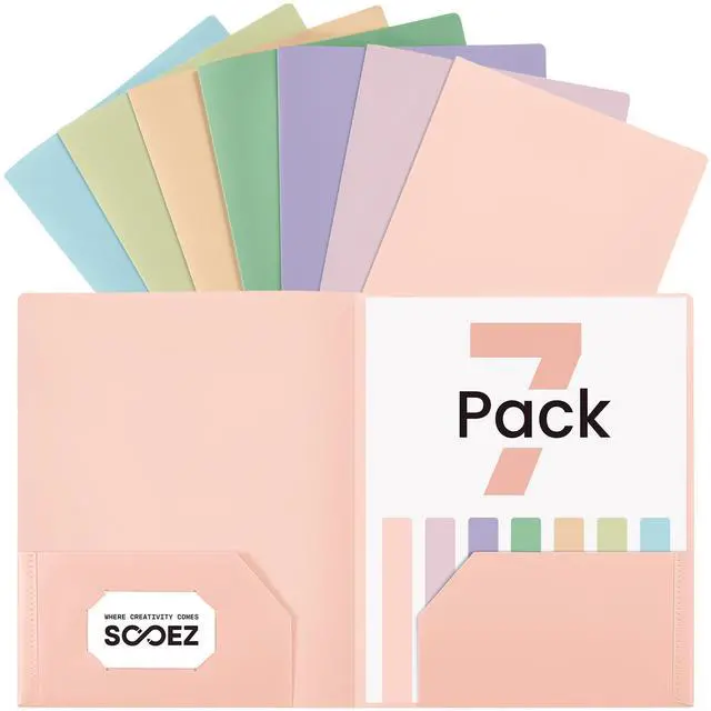 Main image of 7 Pack Folders with Pockets, 2 Pocket Folders with Extra Labels | Plastic Folder with Pockets, Heavy Duty File Folder Bulk, School Business Office Filing Supplies, Soft Colors
