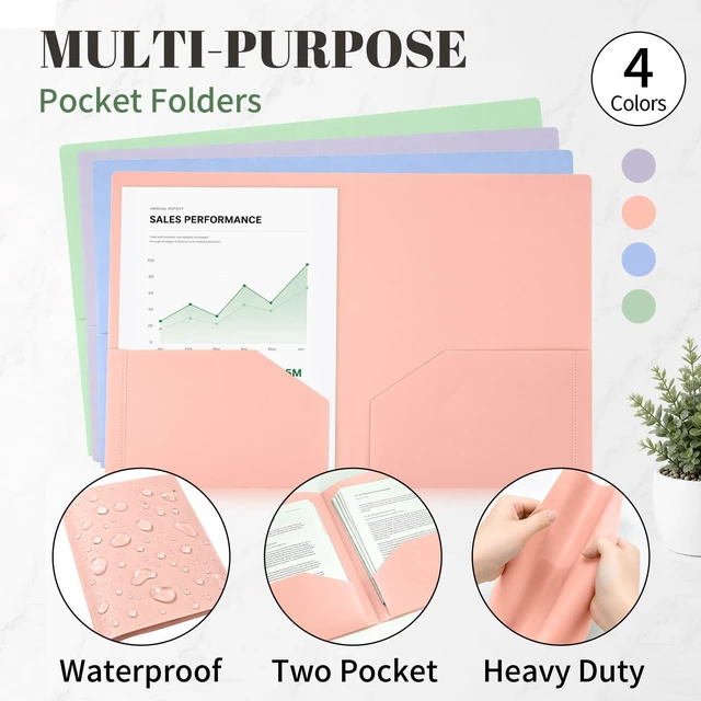 Alt view image 3 of 7 - 2 Pocket Plastic Folders, 4 Pack, Durable Letter Size File Folders with Business Card Slot, Heavy Duty Plastic Folders for School Office, (Assorted Colors)