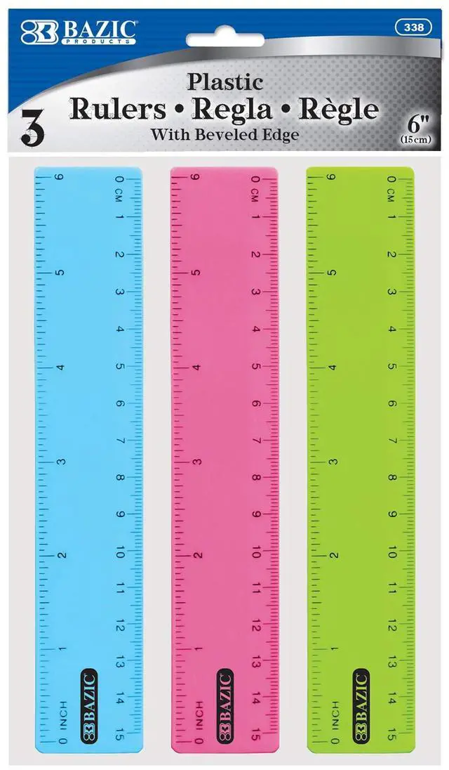 Main image of 6 in Clear Plastic Ruler, Inch & Metric, 3 Pack | Three transparent plastic rulers, 6 in (15 cm), Beveled edge and clear inch and centimeter marks, Bulk pack