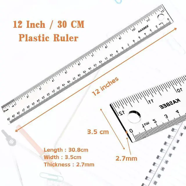 Alt view image 3 of 7 - 12 Inch Rulers, Clear Plastic, 2PCS | Hanging Hole, Standard, Metric, Millimeter, Straight Plastic Rulers , Students, School, Office