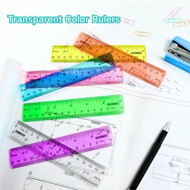 Alt view image 4 of 7 - 6 Inch Ruler Plastic, Colored Clear Rulers , School, Office, 7PCS | Small Plastic Rulers, Transparent, Inches and Centimeters, Millimeters, Heavy Duty, Shatter Resistant, Clear Colored Plastic