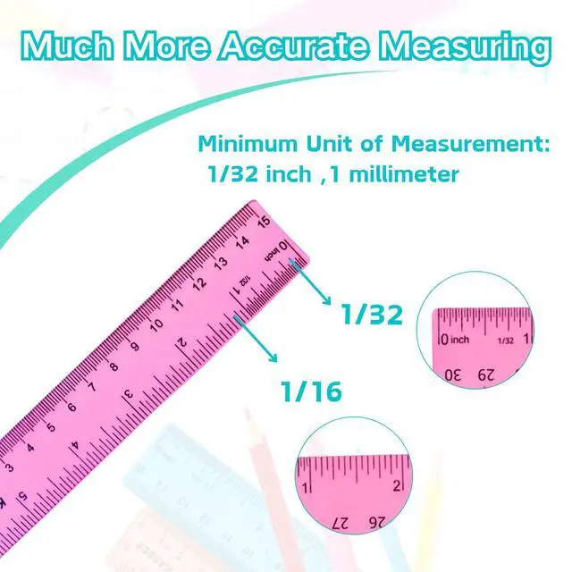 Alt view image 6 of 7 - 6 Inch Ruler Plastic, Colored Clear Rulers , School, Office, 7PCS | Small Plastic Rulers, Transparent, Inches and Centimeters, Millimeters, Heavy Duty, Shatter Resistant, Clear Colored Plastic