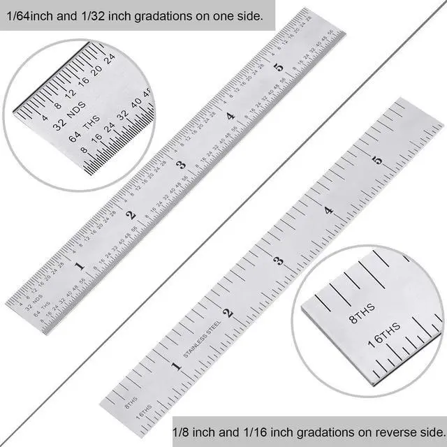 Alt view image 3 of 7 - 2 Pack Stainless Steel Ruler Machinist Engineer Metric Ruler with Markings 1/8, 1/16, 1/32, 1/64 Inch for Engineering, School, Office, Architect, and Drawing