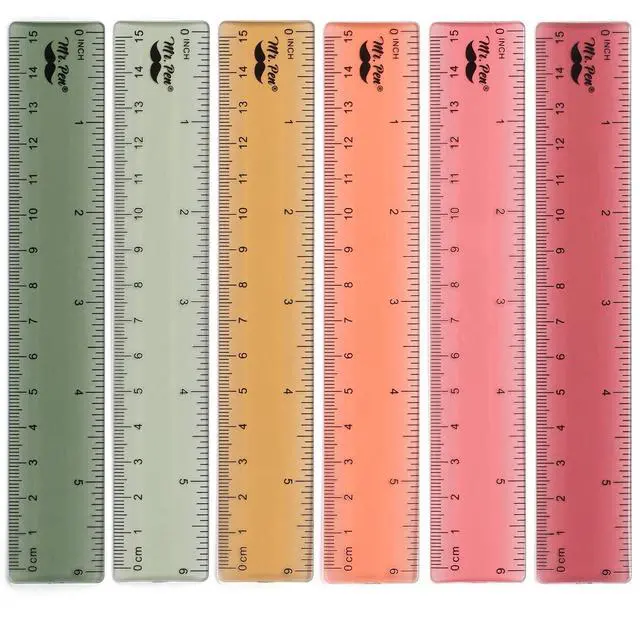 Main image of Plastic Ruler Set, 6 Pack, 6 Inch, Vintage Colors | Easy-to-Read Markings, Scratch-Resistant Design, Durable Transplant Rulers for Crafting Office & School, School Supplies