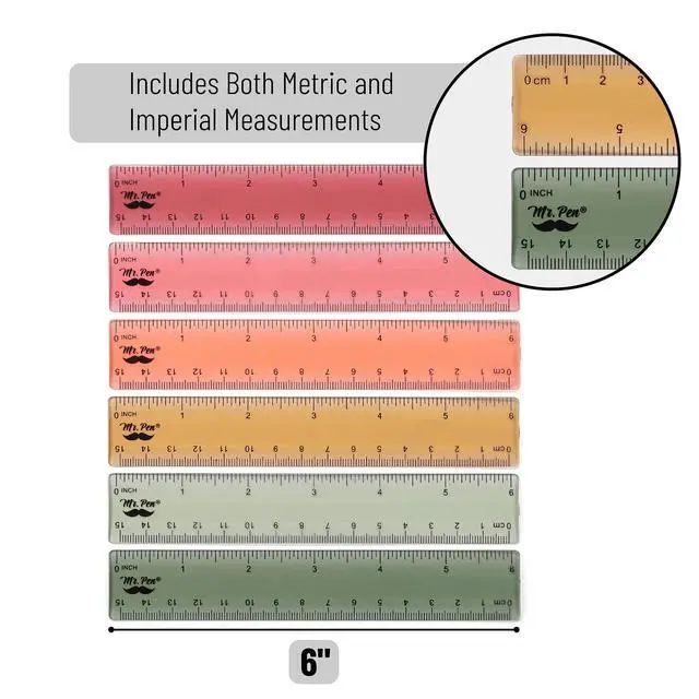 Alt view image 3 of 7 - Plastic Ruler Set, 6 Pack, 6 Inch, Vintage Colors | Easy-to-Read Markings, Scratch-Resistant Design, Durable Transplant Rulers for Crafting Office & School, School Supplies