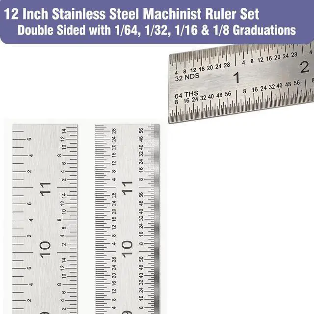 Alt view image 2 of 7 - 12 Inch Machinist Ruler Set - Stainless Steel Precision Double Sided Ruler with 1/64, 1/32, 1/16 & 1/8 Inch Graduations, Etched Markings - for Engineers,Woodworking and DIY (1, 12 Inch)