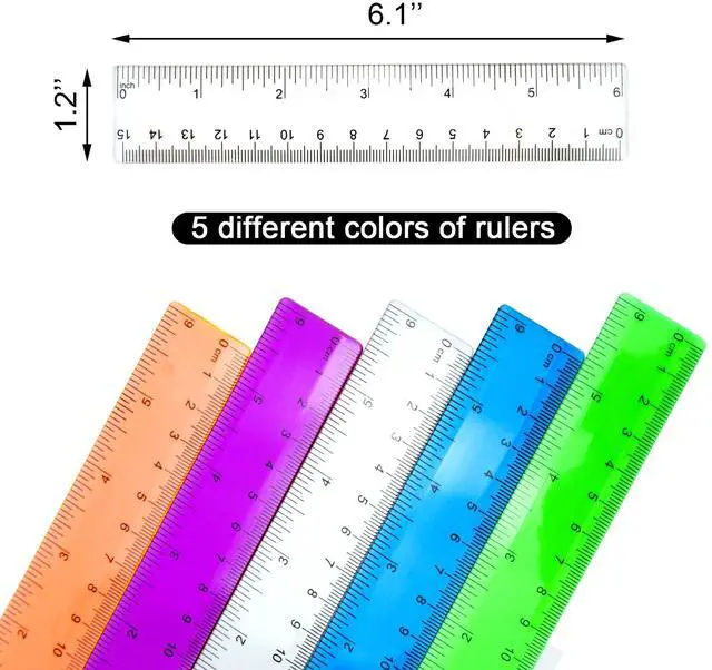Alt view image 2 of 6 - 5 PCS 15 cm / 6 Inch Clear Plastic Colorful Rulers See Through with Inches and Centimeters Lightweight Small Ruler School and Office Supplies Assorted Colors