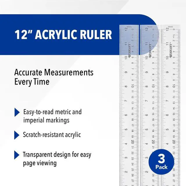 Alt view image 2 of 6 - Acrylic Clear Ruler, Easy-to-Read Markings, Scratch-Resistant Design, Raised Beveled Edges, for Crafting, Office, Classroom, Back to School Supplies, 12-Inch