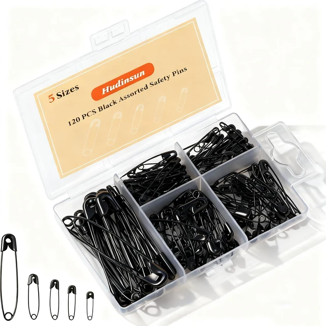 Main image of 120 PCS 5 Different Sizes Black Safety Pins Assorted, Small and Large Safety Pins Bulk for Sewing and Clothes