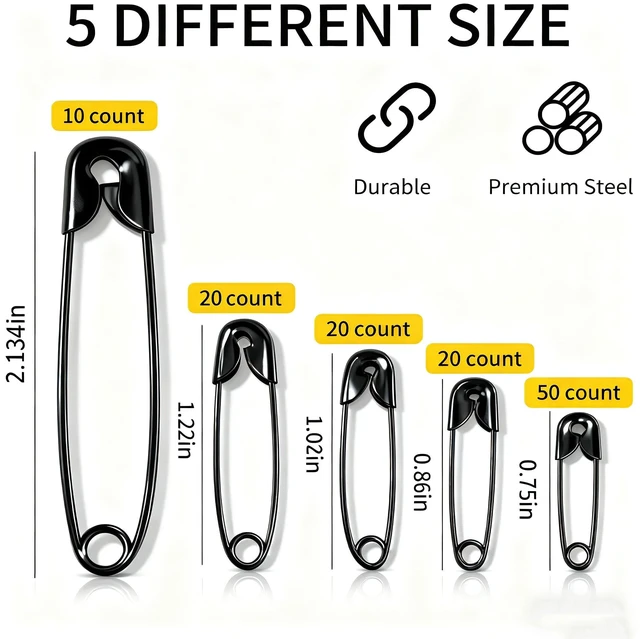 Alt view image 2 of 7 - 120 PCS 5 Different Sizes Black Safety Pins Assorted, Small and Large Safety Pins Bulk for Sewing and Clothes