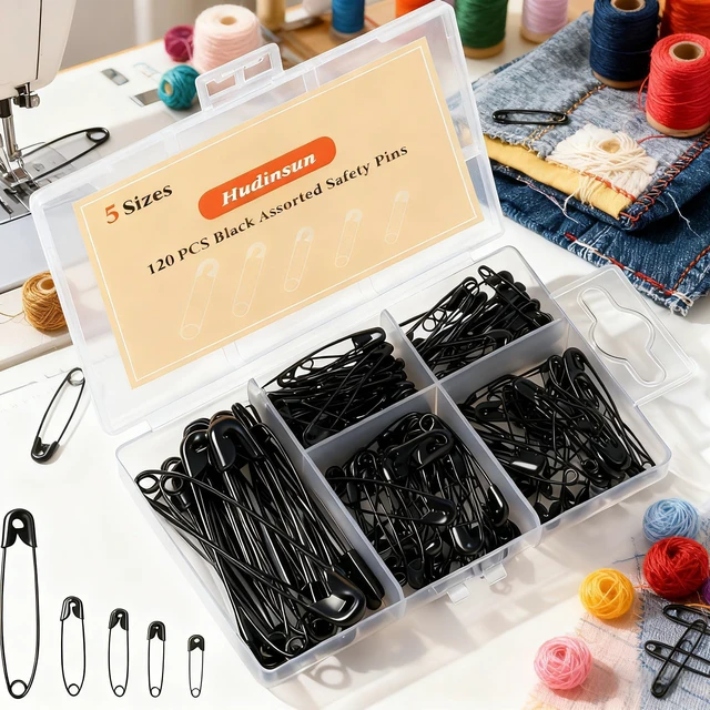 Alt view image 7 of 7 - 120 PCS 5 Different Sizes Black Safety Pins Assorted, Small and Large Safety Pins Bulk for Sewing and Clothes