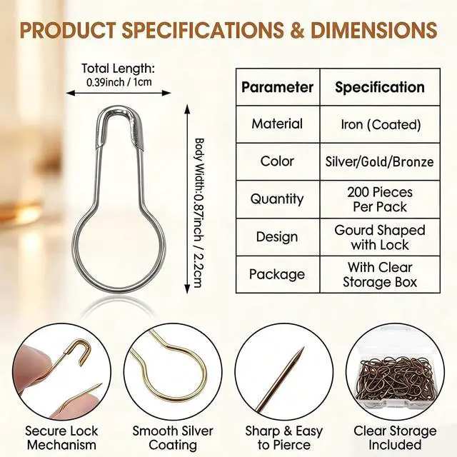 Alt view image 2 of 7 - 200 Pack Mini Bulb Safety Pins, 0.87 Inch Metal Gourd Pin, Small Calabash Pins for Knitting Stitch Markers, Clothing Tags, DIY Jewelry, Crafts, Wedding Invitations(Silver)