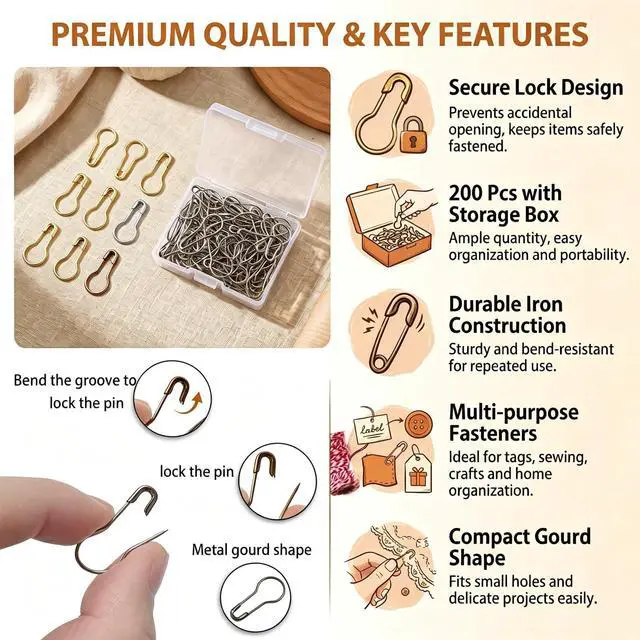 Alt view image 3 of 7 - 200 Pack Mini Bulb Safety Pins, 0.87 Inch Metal Gourd Pin, Small Calabash Pins for Knitting Stitch Markers, Clothing Tags, DIY Jewelry, Crafts, Wedding Invitations(Silver)