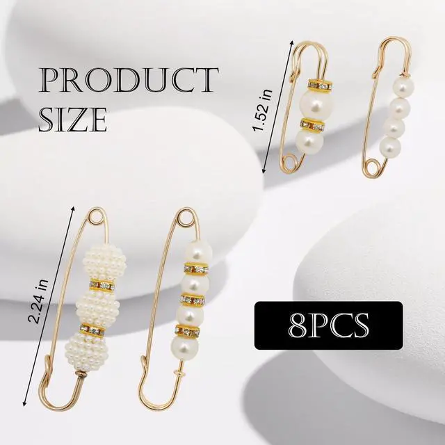 Alt view image 2 of 6 - 8 Pcs Elegant Pearl Brooch Pins Set, Fashionable Safety Pins for Clothing, Dress, Skirt, Cardigan, Collar, Faux Pearl Rhinestones Decorative Pins for Women and Girls