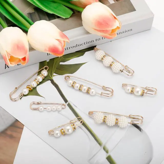 Alt view image 3 of 6 - 8 Pcs Elegant Pearl Brooch Pins Set, Fashionable Safety Pins for Clothing, Dress, Skirt, Cardigan, Collar, Faux Pearl Rhinestones Decorative Pins for Women and Girls