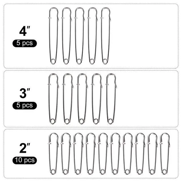 Alt view image 2 of 2 - Bulk Pack of 20 Heavy-Duty Safety Pins Assorted Sizes (2", 3", 4") Extra-Sturdy Pins for Blankets, Skirts and Crafts