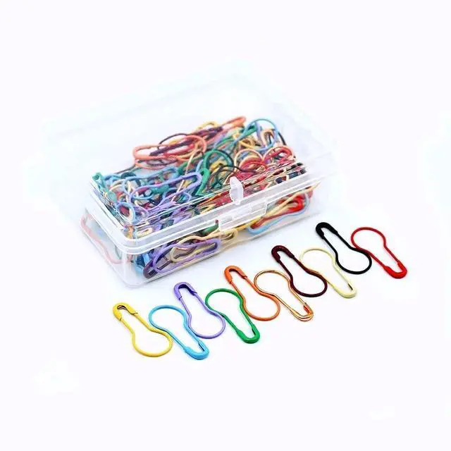 Main image of 100 Pieces Safety Pins, Bulb Stitch Markers 10 Colors Assorted Metal Calabash Pins Pear Shape Knitting Pins for Crocheting Clothing Tag DIY Craft Project with Storage Box