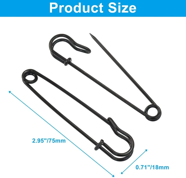 Alt view image 3 of 5 - 10 Pack 3 Inch Large Heavy Duty Black Safety Pins | For Clothes, For Blankets, For Crafts