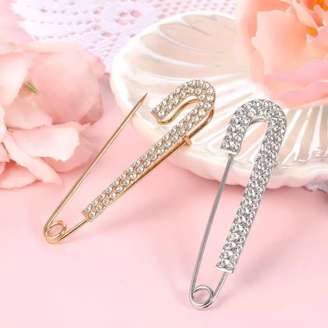 Alt view image 2 of 7 - 2 PCS Rhinestone Safety Pin Brooch, Decorative Pins for Clothing Decorative Safety Pins for Clothing, Silver and Gold Safety Pins Large Crystal Metal Elegant Shawl Clips for Women Skirts Scarf Shirt